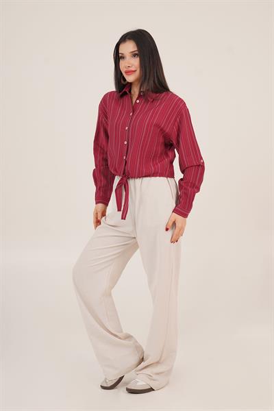 Bağlama Detaylı Çizgili Bordo Crop Gömlek