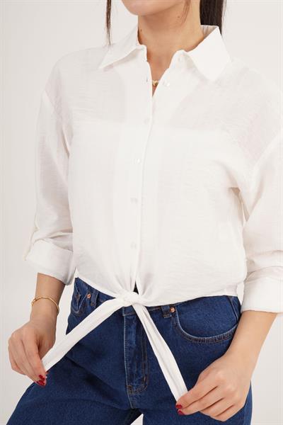 Bağlama Detaylı Çizgili Beyaz Crop Gömlek	