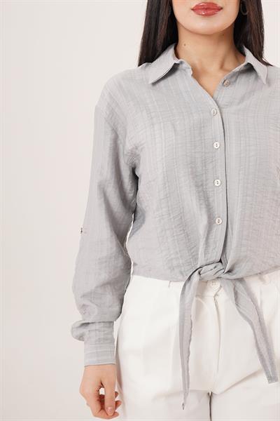 Bağlama Detaylı Çizgili Gri Crop Gömlek	