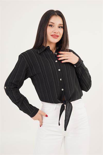 Bağlama Detaylı Çizgili Siyah Crop Gömlek	