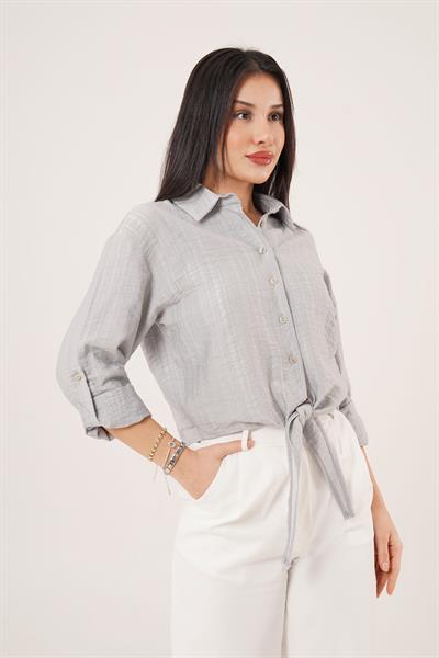 Bağlama Detaylı Çizgili Gri Crop Gömlek	