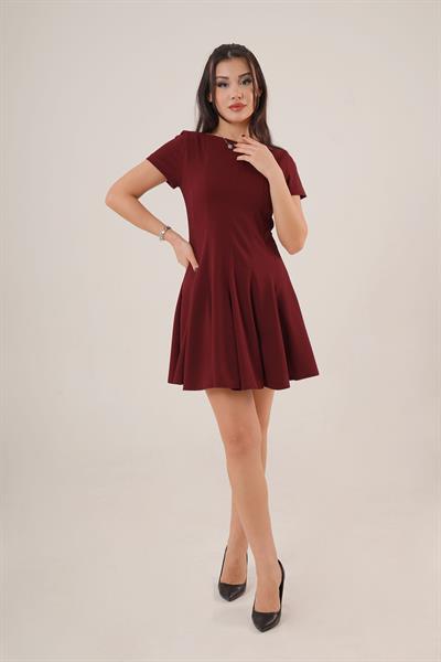 Önden Dikiş Detaylı Çan Model Mini Bordo Elbise