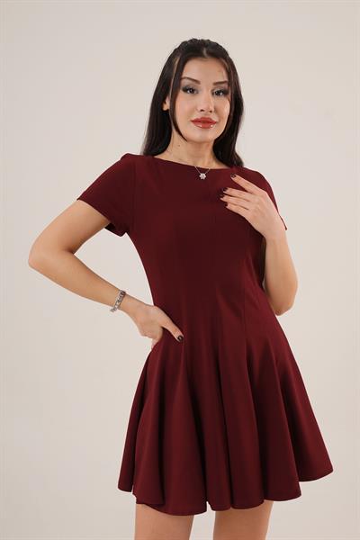 Önden Dikiş Detaylı Çan Model Mini Bordo Elbise