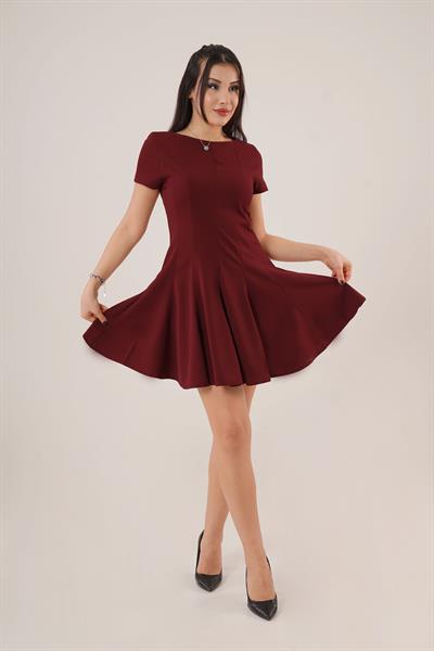 Önden Dikiş Detaylı Çan Model Mini Bordo Elbise