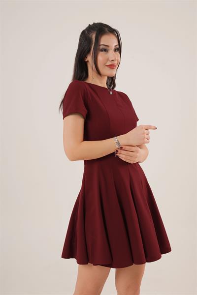 Önden Dikiş Detaylı Çan Model Mini Bordo Elbise