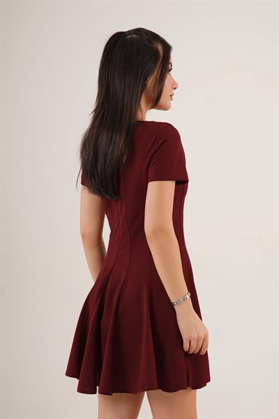 Önden Dikiş Detaylı Çan Model Mini Bordo Elbise