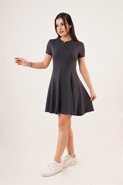 Önden Dikiş Detaylı Kloş Model Antrasit Elbise