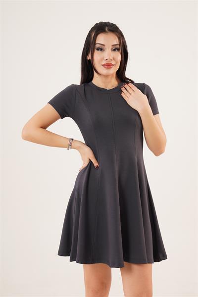 Önden Dikiş Detaylı Kloş Model Antrasit Elbise