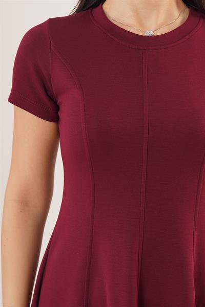 Önden Dikiş Detaylı Kloş Model Bordo Elbise