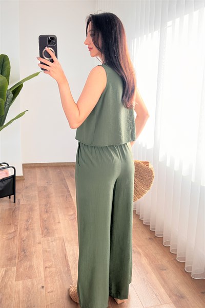 Önü Bağcık Bağlamalı Bluz Pantolon Haki Takım