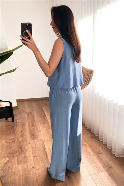 Önü Bağcık Bağlamalı Bluz Pantolon Mavi Takım
