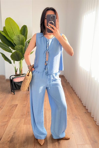 Önü Bağcık Bağlamalı Bluz Pantolon Mavi Takım