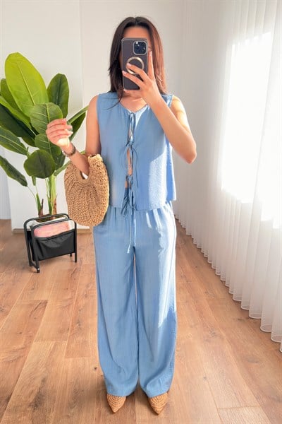 Önü Bağcık Bağlamalı Bluz Pantolon Mavi Takım
