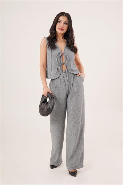 Önü Bağcık Bağlamalı Keten Antrasit İkili Takım