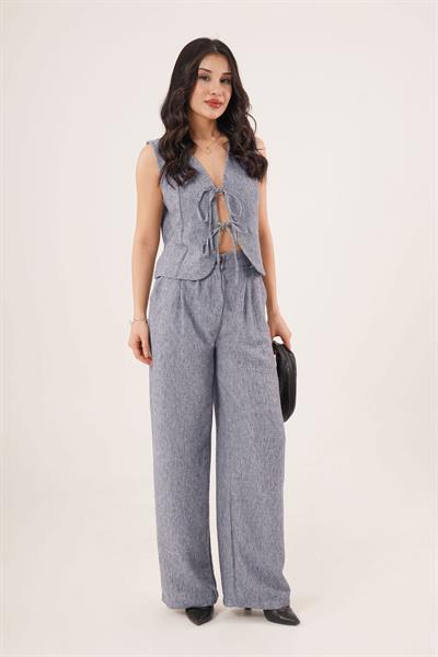 Önü Bağcık Bağlamalı Keten İndigo İkili Takım