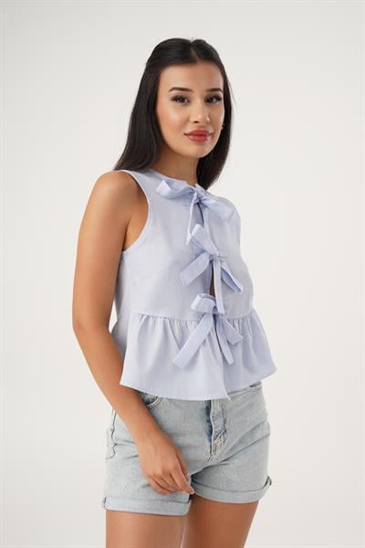 Önü Bağlamalı Çizgili Mavi Bluz