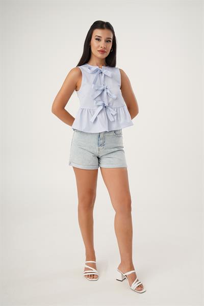 Önü Bağlamalı Çizgili Mavi Bluz