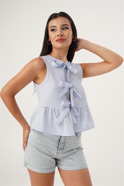 Önü Bağlamalı Çizgili Mavi Bluz