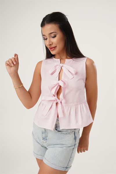 Önü Bağlamalı Çizgili Pembe Bluz
