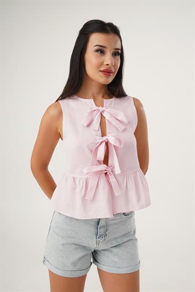 Önü Bağlamalı Çizgili Pembe Bluz