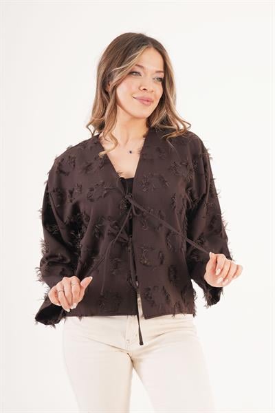 Önü Bağlamalı Püsküllü Salaş Mevsimlik Kahve Kimono
