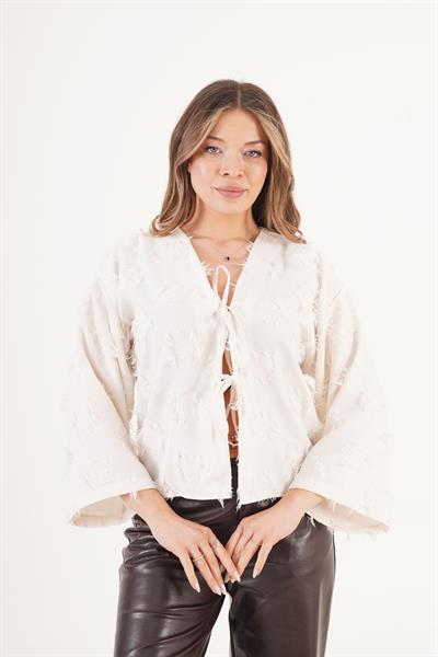 Önü Bağlamalı Püsküllü Salaş Mevsimlik Bej Kimono