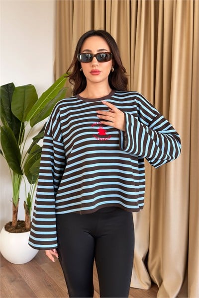 Önü Coffee Nakışlı Kahve Çizgili Sweatshirt