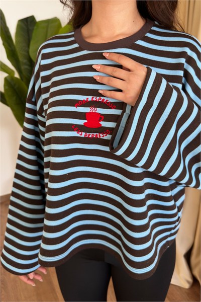 Önü Coffee Nakışlı Kahve Çizgili Sweatshirt