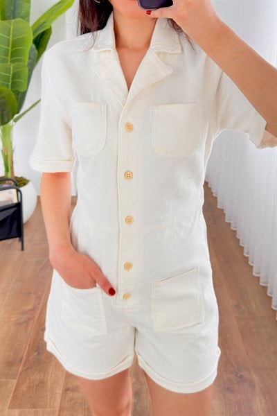 Önü Düğmeli Beli Lastikli Kot Gabardin Ekru Tulum