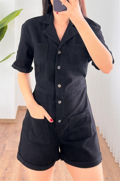 Önü Düğmeli Beli Lastikli Kot Gabardin Siyah Tulum