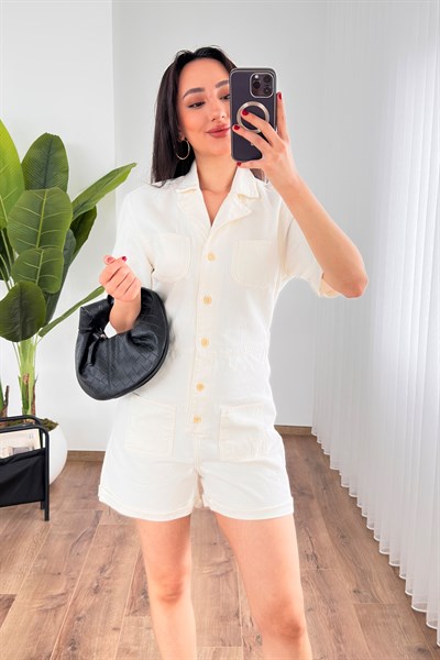 Önü Düğmeli Beli Lastikli Kot Gabardin Ekru Tulum