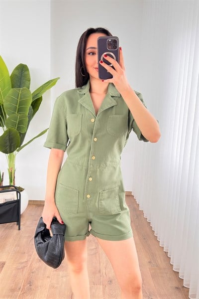 Önü Düğmeli Beli Lastikli Kot Gabardin Yeşil Tulum