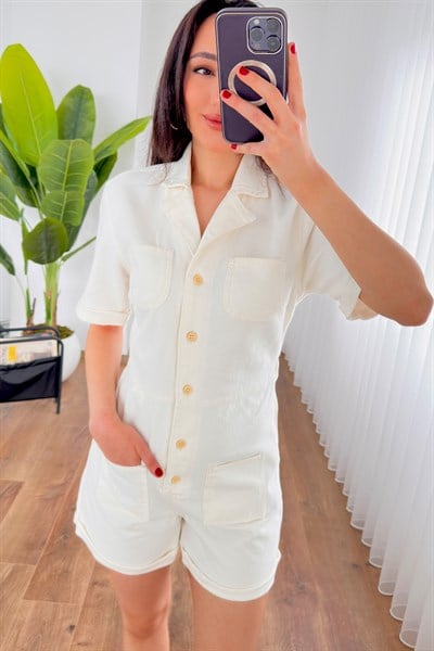 Önü Düğmeli Beli Lastikli Kot Gabardin Ekru Tulum