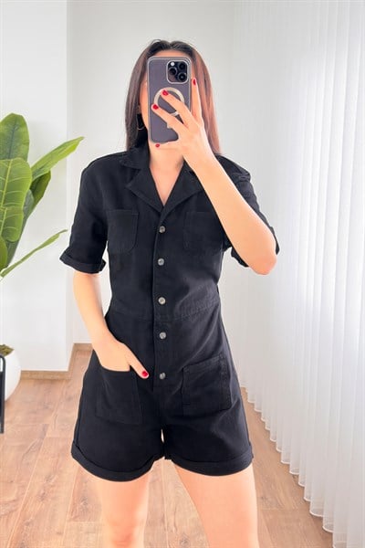 Önü Düğmeli Beli Lastikli Kot Gabardin Siyah Tulum