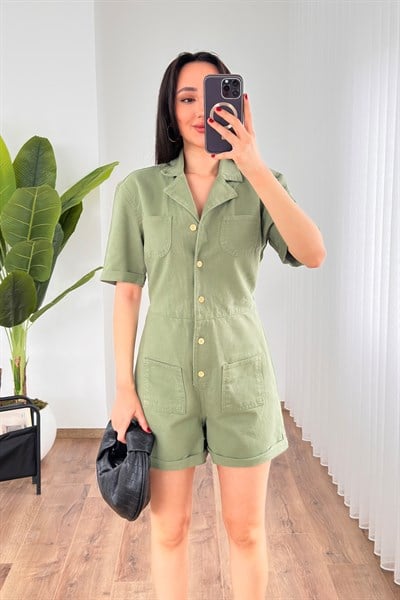 Önü Düğmeli Beli Lastikli Kot Gabardin Yeşil Tulum