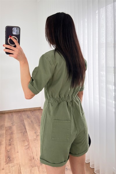 Önü Düğmeli Beli Lastikli Kot Gabardin Yeşil Tulum