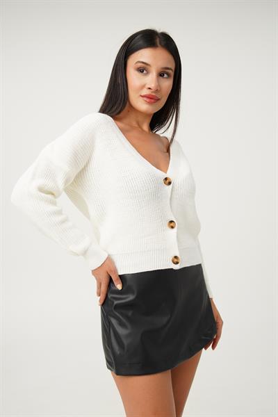 Önü Düğmeli V Yaka Ekru Triko Hırka