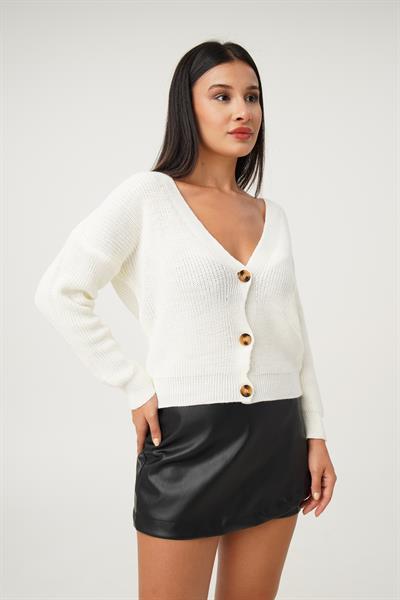 Önü Düğmeli V Yaka Ekru Triko Hırka