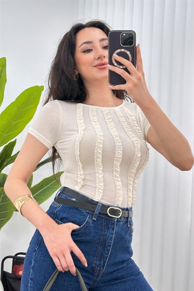 Önü Fırfır Şerit Basic Trend Bej Bluz