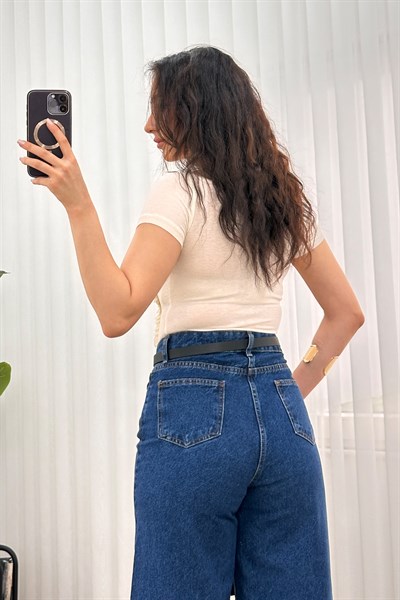 Önü Fırfır Şerit Basic Trend Bej Bluz