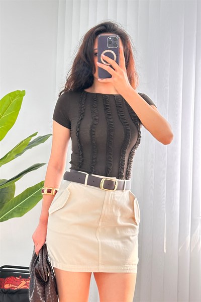 Önü Fırfır Şerit Basic Trend Kahve Bluz