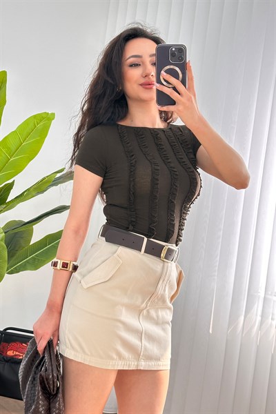 Önü Fırfır Şerit Basic Trend Kahve Bluz