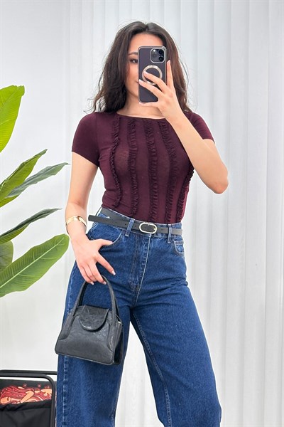 Önü Fırfır Şerit Basic Trend Mürdüm Bluz