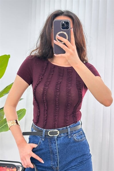 Önü Fırfır Şerit Basic Trend Mürdüm Bluz