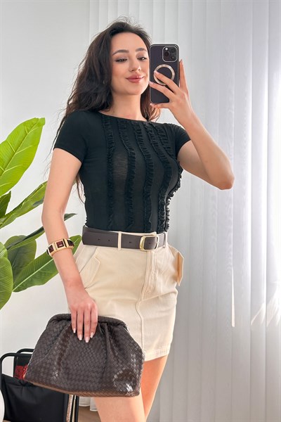 Önü Fırfır Şerit Basic Trend Siyah Bluz