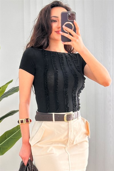 Önü Fırfır Şerit Basic Trend Siyah Bluz