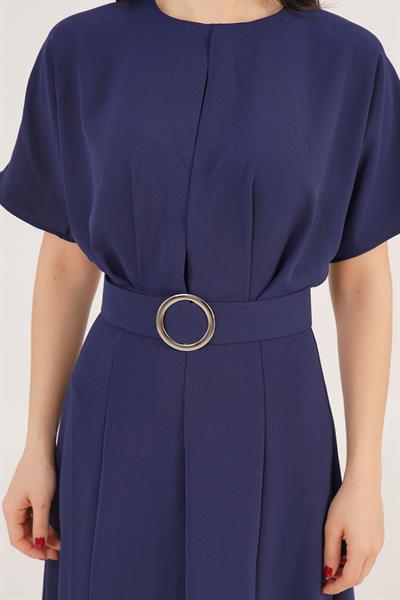 Yarasa Kollu Kemerli Ön Yırtmaçlı Lacivert Elbise