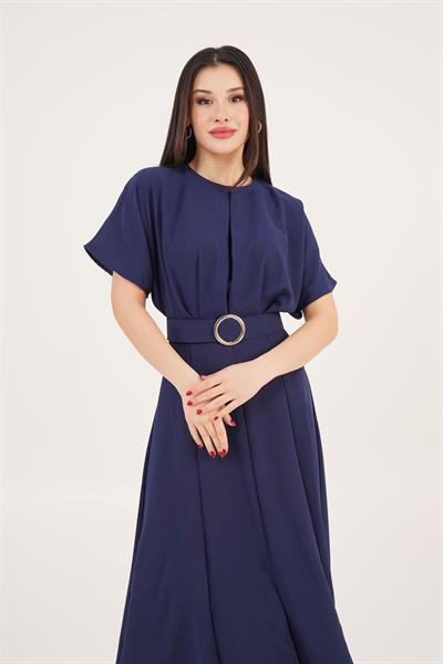 Yarasa Kollu Kemerli Ön Yırtmaçlı Lacivert Elbise