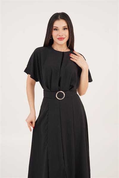 Yarasa Kollu Kemerli Ön Yırtmaçlı Siyah Elbise