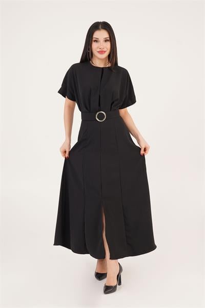 Yarasa Kollu Kemerli Ön Yırtmaçlı Siyah Elbise